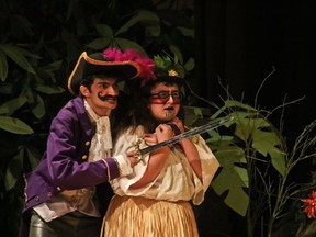 Black Stache played by Ali Mohammad (L) and Fighting Prawn played by Jenna Calvert (R), during St. Patrick's High School's Cappies production of Peter and the Starcatcher, on March 24, 2018, in Ottawa, ON.