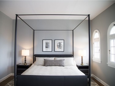After 28 years of marriage, Denise Hulaj says she finally got the master bedroom she always wanted with a romantic leather-and-steel caged bed by Kara Mann for Milling Road, large comfy round chair from Urban Barn, elegant dressers and nightstands by Milling Road for Baker and balcony where the couple enjoy their morning espresso on warmer days.