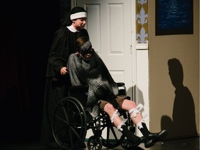 Maxwell Rosenburg as Nun and Dapper Gambler (L) and Matteo Bottega as the Telegram Deliverer and the Leper (R) during Sir Robert Borden High School's Cappies production of the Lucky Stiff.