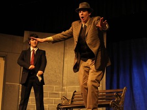 Emily Grace Linton-LeBlanc, performs as Rachel Crabbe (L), Curran Hall performs as Francis Henshall (R), during Lester B. Pearson High Schools Cappies production of the One Man Two Guvnors.