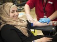 Syrian Canadians gathered at the Canadian Blood Services on Saturday, April 14, 2018, to donate blood in a nationwide blood donation campaign. Douaa Amir was the first to donate Saturday afternoon.