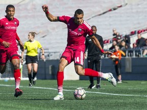 Fury FC defender Onua Thomas Obasi, seen here in a 2017 file photo, was assessed a red card late in Saturday's contest and is at risk of a suspension for next Saturday's match against the host Pittsburgh Riverhounds.   Ashley Fraser/Postmedia