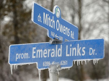 At a time when golf courses are readying for a new season, the sign at Emerald Links was encased in ice.  Freezing rain across the city knocked out power lines, snarled traffic and generally wreaked havoc across the capital Monday (April 16, 2018).