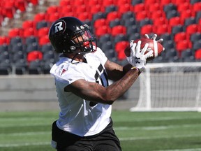 Romond Deloatch of the Ottawa Redblacks makes the catch during their mini camp at TD Place in Ottawa, April 23, 2018.