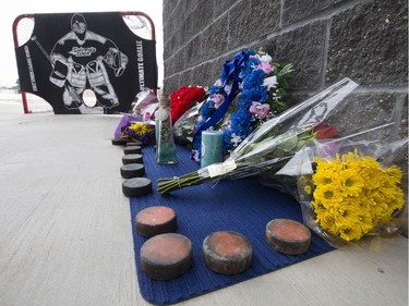 A memorial for Stephen Wack outside Athletes Nation One gym, in St. Albert Saturday April 7, 2018.