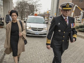 Vice Admiral Mark Norman, right, leaves the Ottawa courthouse with his lawyer, Marie Henein, Tuesday, April 10, 2018.