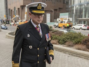 Vice Admiral Mark Norman, right, leaves the Ottawa courthouse with his lawyer, Marie Henein, Tuesday, April 10, 2018 after his first appearance after being charged with one count of breach of trust. Norman was charged last month by the RCMP in relation to the alleged leak of information about a Liberal government plan to derail a project to provide the Royal Canadian Navy with a new supply ship.(Photo by Darren Brown)