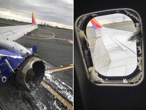 These Facebook photos posted by passenger Marty Martinez show engine and window damage to Southwest Airlines Flight 1380 after an emergency landing in Philadelphia on Apr. 17, 2018.