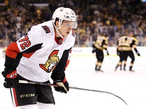 Senators rookie defenceman Thomas Chabot reacts after the Bruins' Noel Acciari scored during the third period of Saturday's game at Boston.