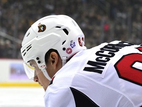 The helmet of Senators forward Max McCormick bears one of the butterfly tribute stickers in honour of Jonathan Pitre during the first period of Friday's game against the Penguins.
