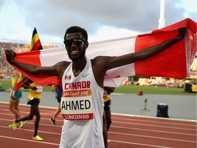 Mohammed Ahmed of Canada celebrates winning silver in the Men's 5000 metres final on day four of the Gold Coast 2018 Commonwealth Games at Carrara Stadium on April 8, 2018 on the Gold Coast, Australia.