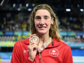 Bronze medalist Taylor Ruck of Canada poses during the medal ceremony for the Women's 100m Freestyle Final on day five of the Gold Coast 2018 Commonwealth Games at Optus Aquatic Centre on April 9, 2018 on the Gold Coast, Australia.