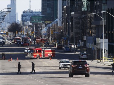 TORONTO, ON - APRIL 23: Police work the scene on Yonge St. at near Finch Ave., after a van plowed into pedestrians on April 23, 2018 in Toronto, Canada. A suspect identified as Alek Minassian, 25, is in custody after a driver in a white rental van collided with multiple pedestrians killing nine and injuring at least 16.