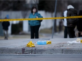 TORONTO, ON - APRIL 23: Blood remains at the scene on Yonge St. at Finch Ave., after a van plowed into pedestrians on April 23, 2018 in Toronto,