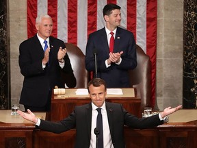 French President Emmanuel Macron is welcomed with a standing ovation during a joint meeting of the U.S. Congress in the House Chamber with U.S. Vice President Mike Pence and Speaker of the House Paul Ryan (R-WI) at the U.S. Capitol April 25, 2018 in Washington, DC. Macron is taking part in an official three-day visit to the United States.