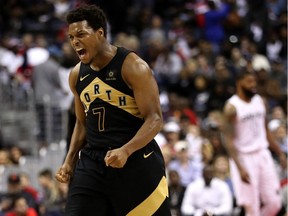 Kyle Lowry #7 of the Toronto Raptors reacts against the Washington Wizards in the second half during Game Six of Round One of the 2018 NBA Playoffs at Capital One Arena on April 27, 2018 in Washington, DC.