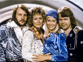 In this Feb. 9, 1974 file photo Swedish pop group Abba, from left: Benny Andersson, Anni-Frid Lyngstad, Agnetha Faltskog and Bjorn Ulvaeus posing after winning the Swedish branch of the Eurovision Song Contest with their song "Waterloo". The members of ABBA announced Friday April 27, 2018 that they have recorded new material for the first time in 35 years.