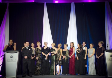 Gala hosts and radio personalities Sandra Plagakis and Chris Love share the stage with all of the finalists.