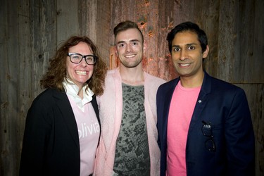 From left, Kelly Dear, Day of Pink Gala host; Cameron Aitken, Day of Pink Gala organizer; and Jeremy Dias, executive director of the Canadian Centre for Gender & Sexual Diversity.