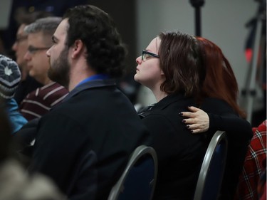 People attend a press conference at the Humboldt Uniplex on April 7, 2018.