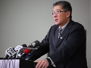 Bill Chow, president of SJHL, gives an emotional address to family and friends of the Broncos, and media outlets during a press conference at the Humboldt Uniplex on April 7, 2018.