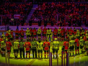 Calgary Flames and the Vegas Golden Knights pay tribute to the Humboldt Broncos.