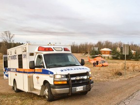 Renfrew County Paramedics and Ornge ambulance service helicopter at scene of a fire in a trailer home in Bonnechere Valley Friday morning.
