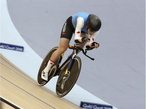 Gatineau's Ariane Bonhomme competes in the women's 3,000-metre individual pursuit qualifying at the track cycling velodrome on Friday.