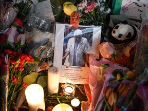 A photo of Betty Forsyth is shown at a vigil on Yonge Street in Toronto, Tuesday, April 24, 2018. Ten people were killed and 14 were injured in Monday's deadly attack in which a van struck pedestrians in northern Toronto.