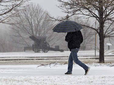 Snow and freezing rain made travelling treacherous on Saturday April 14, 2018 in Brantford, Ontario.