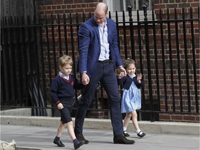 Britain's Prince William arrives with Prince George and Princess Charlotte back to the Lindo wing at St Mary's Hospital in London London, Monday, April 23, 2018.