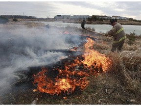 A firefighter douses this brush fire in Kanata in this 2010 file photo.