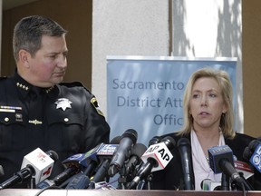 Sacramento County District Attorney Anne Marie Schubert, right, flanked by Sacramento County Sheriff Scott Jone discusses the arrest of Joseph James DeAngelo for a string of violent crimes in the 1970's and 1980's, at a news conference. Wednesday, April 25, 2018, in Sacramento, Calif. DeAngelo, 72, was taken into custody at his suburban Sacramento home, Tuesday, on suspicion of committing at least 12 slayings and 45 rapes in California.