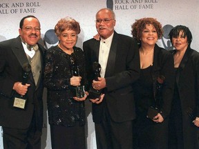 FILE - This March 15, 1999 file photo shows the sibling group The Staples Singers, from left, Pervis, Cleotha, Pops, Mavis, and Yvonne at the Rock and Roll Hall of Fame induction ceremony in New York. Yvonne Staples, whose voice and business acumen powered the success of her family's Staples Singers gospel group, has died at age 80. The Chicago funeral home Leak and Sons says that she died Tuesday, April 10, 2018 at home in Chicago.
