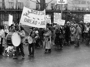 About 1500 people are seen marching through the heavy snowfall in support of International Women's Day in Toronto, Ont., March 8, 1980. Canadian security agents were so busy looking for Communist infiltrators in the flowering women's liberation movement, they all but missed a genuine social revolution that transformed millions of lives, says a newly published book.