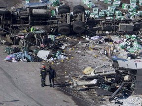 The wreckage of a fatal crash north of Tisdale, Sask., is seen on Saturday, April, 7, 2018. The RCMP is expected to provide an update today on the status of its investigation into the Humboldt Broncos bus-truck collision earlier this month.