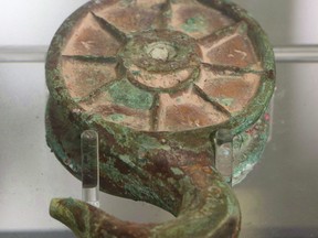 A hook block recovered from the HMS Erebus is shown on display at the Museum of History, Wednesday, May 13, 2015 in Gatineau, Que. The United Kingdom has officially transferred ownership to Canada and the Inuit of the two long-lost ships from the Franklin expedition.