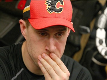 Calgary Flame Michael Stone talks to media in the locker room in Calgary on Saturday, April 7, 2018 before the team's last home game. Stone discussed the season and the Humboldt bus crash.