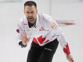 Canadian skip Brad Gushue calls to his sweepers during a game against Norway  in Las Vegas on Wednesday.