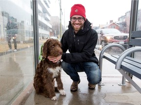 Tyler Dawson and his dog "Sal" for rant on rules governing dogs on OC Transpo buses.  Photo by Wayne Cuddington/ Postmedia
