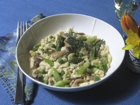 This April 1, 2018 photo shows spatzle primavera. This dish is from a recipe by Sara Moulton.