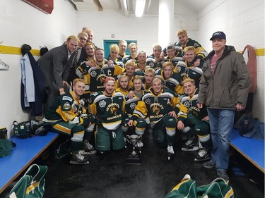 Members of the Humboldt Broncos junior hockey team are shown in a photo posted to the team Twitter feed, @HumboldtBroncos on March 24, 2018 after a playoff win over the Melfort Mustangs.