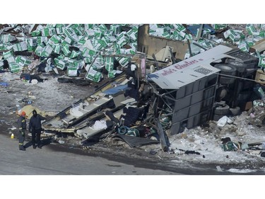 The wreckage of a fatal crash outside of Tisdale, Sask., is seen Saturday, April, 7, 2018. A bus carrying the Humboldt Broncos hockey team crashed into a truck en route to Nipawin for a game Friday night killing 14 and sending over a dozen more to the hospital.