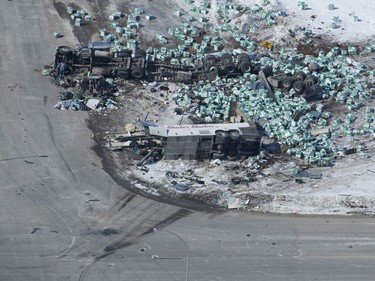 The wreckage of a fatal crash outside of Tisdale, Sask., is seen Saturday, April, 7, 2018.