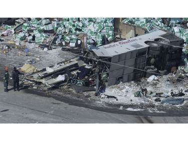 The wreckage of a fatal crash outside of Tisdale, Sask., is seen Saturday, April, 7, 2018.