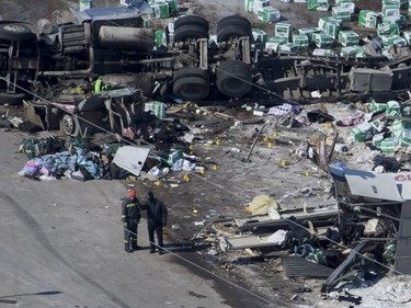 The wreckage of a fatal crash outside of Tisdale, Sask., is seen Saturday, April, 7, 2018.