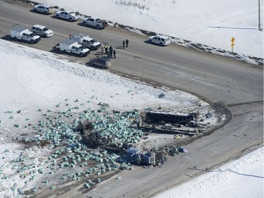 The wreckage of a fatal crash outside of Tisdale, Sask., is seen Saturday, April, 7, 2018.