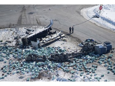 The wreckage of a fatal crash outside of Tisdale, Sask., is seen Saturday, April, 7, 2018.