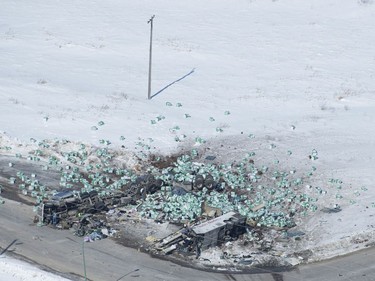 The wreckage of a fatal crash outside of Tisdale, Sask., is seen Saturday, April, 7, 2018.