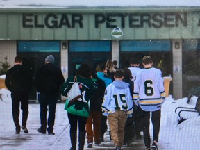 The parking lot was full as family, friends and loved ones — many wearing the jerseys of their favourite sports team — attended the funeral on April 12, 2018, of play-by-play announcer Tyler Bieber, the first of 16 victims in the Humboldt Broncos bus crash to be laid to rest.